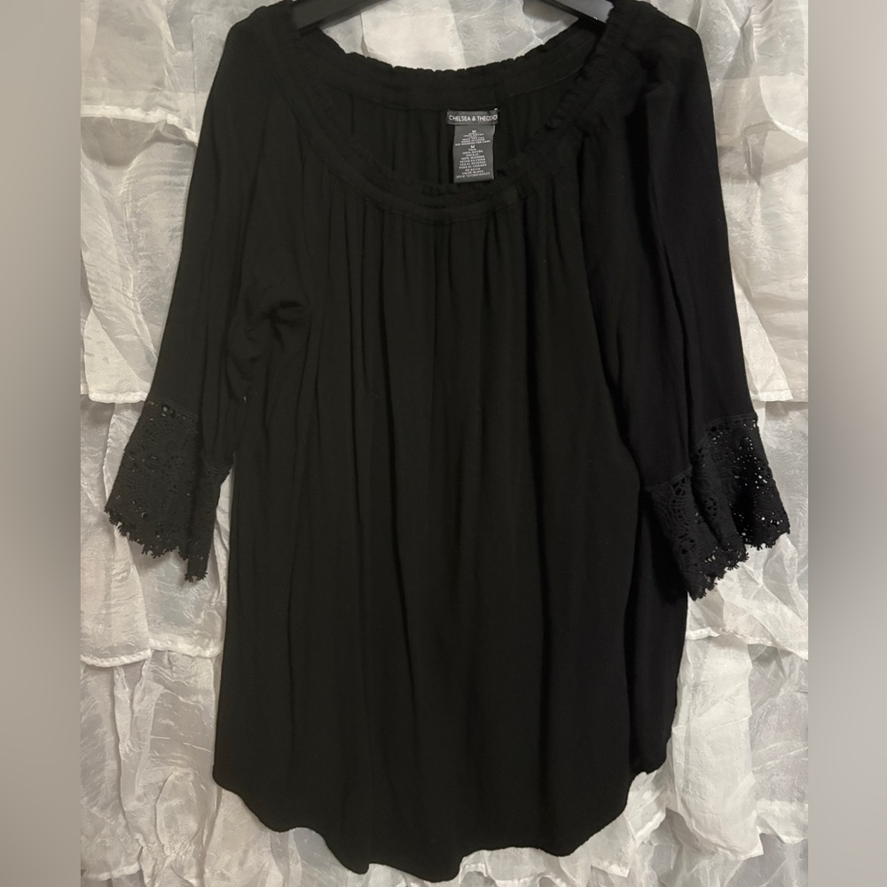 Chelsea & Theodore Black Blouse with Lace Sleeves